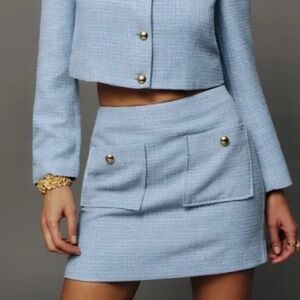 Reformation Aurelia Mini Skirt in Blue Tweed with Front Pockets Gold Buttons sz4